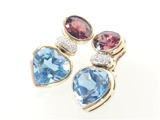 14K Yellow Gold Heavy Blue Topaz Garnet Diamond Omega Earrings